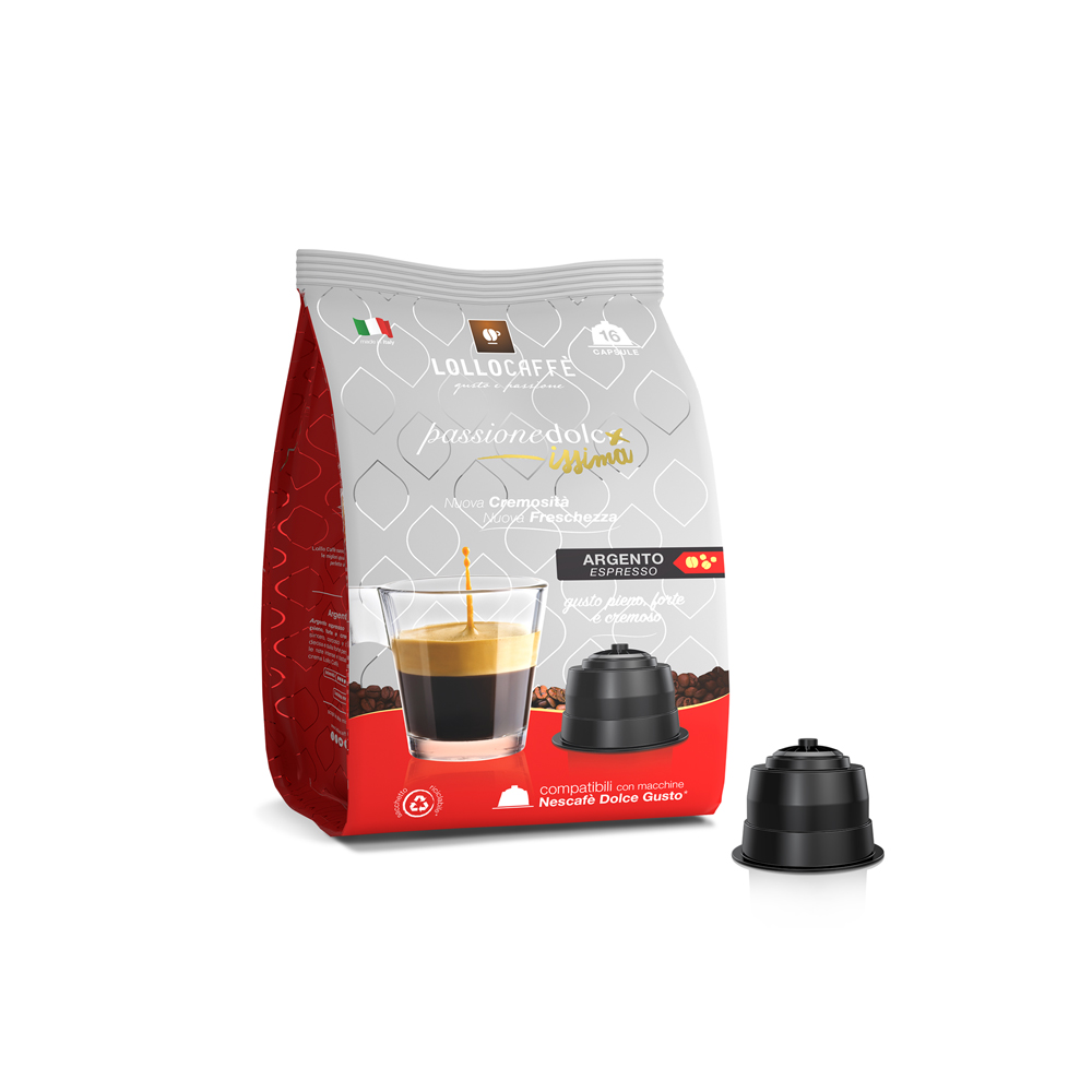 Кофе в капсулах для Dolce Gusto Арабика и Робуста Lollo Argento Espresso 16 штук в упаковке.